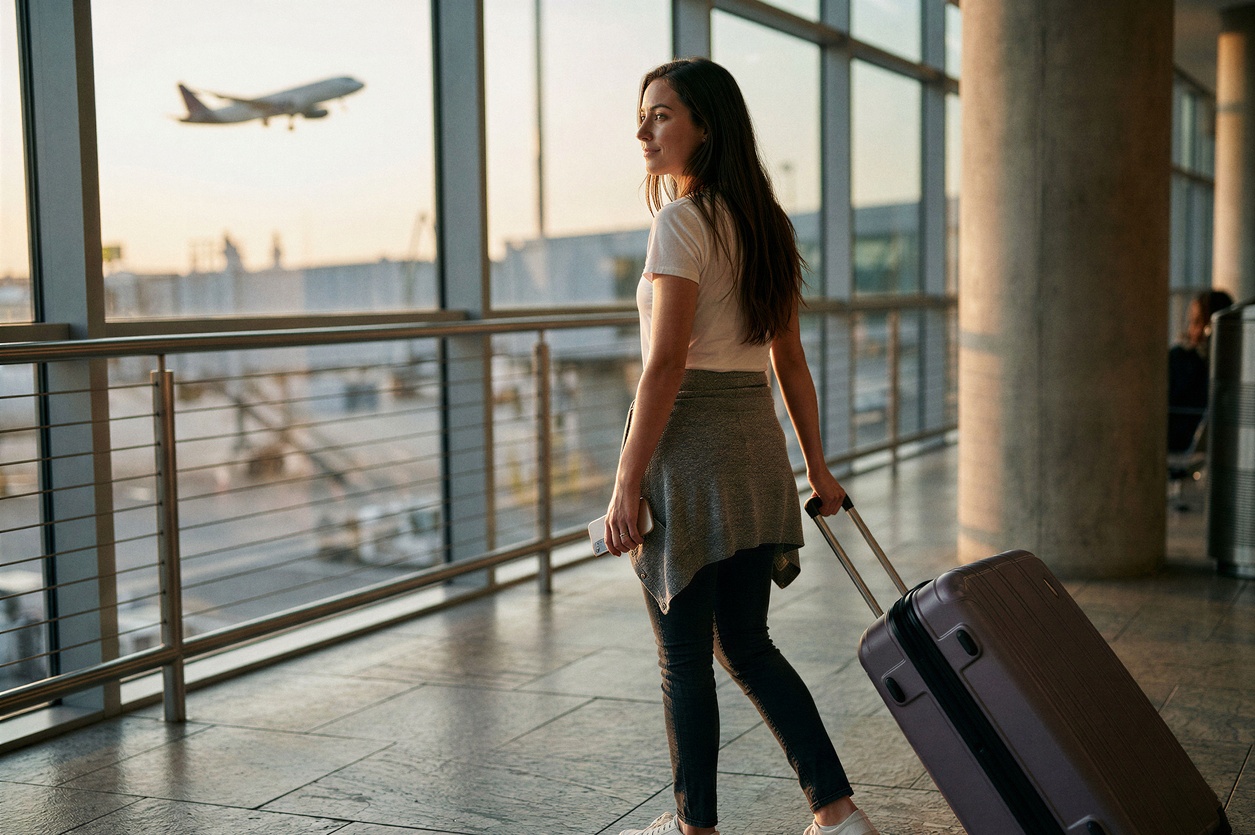 Young woman wheeling a suitcase through the airport