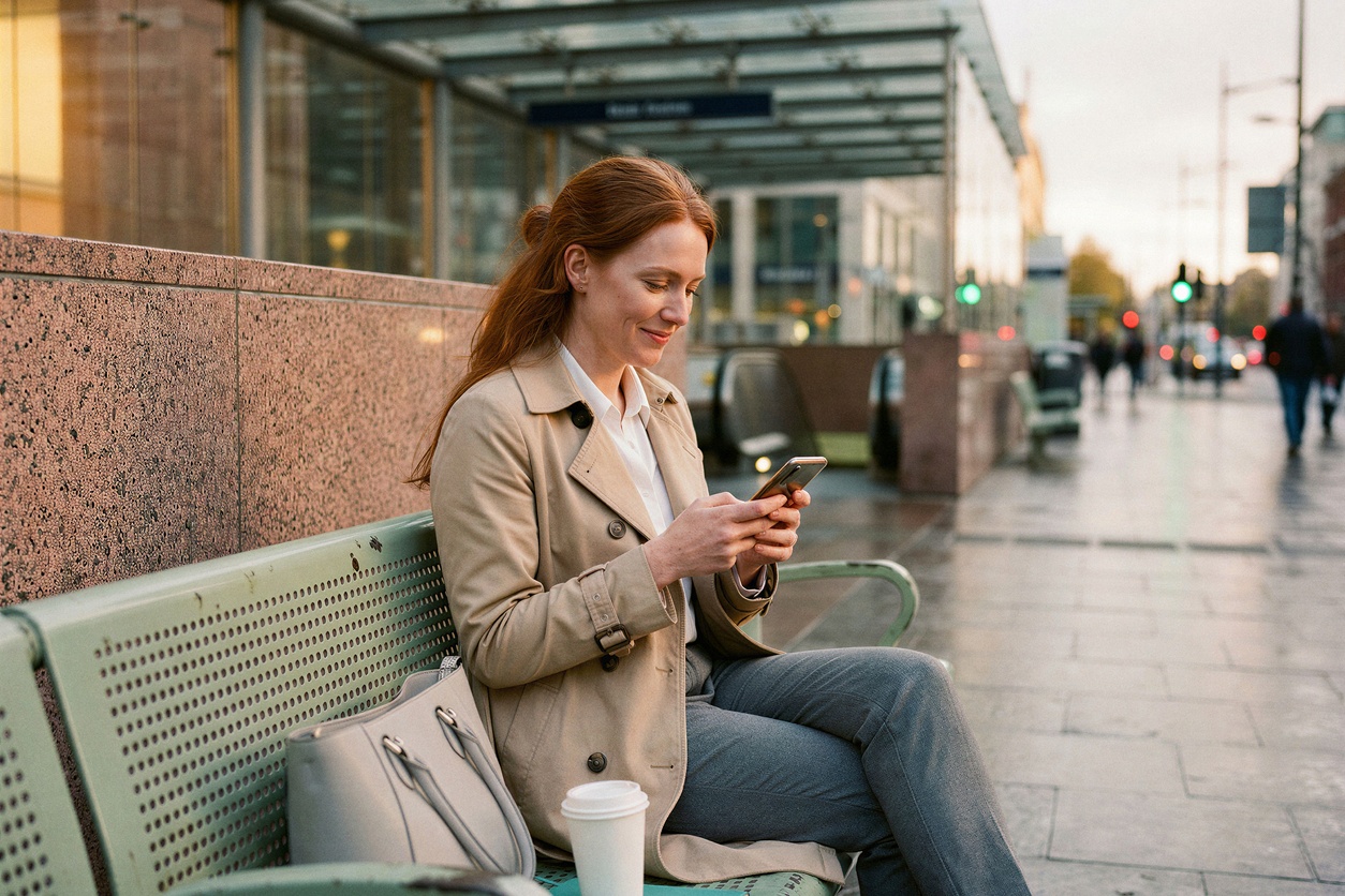 Young woman using her phone to check her bank account in Vancouver, Canada