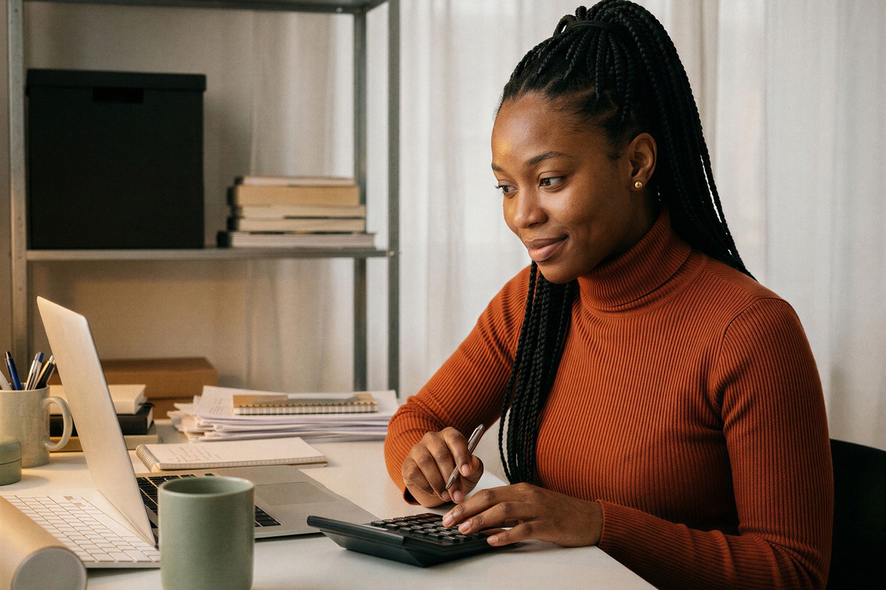 Young woman calculating her payments in front of a computer