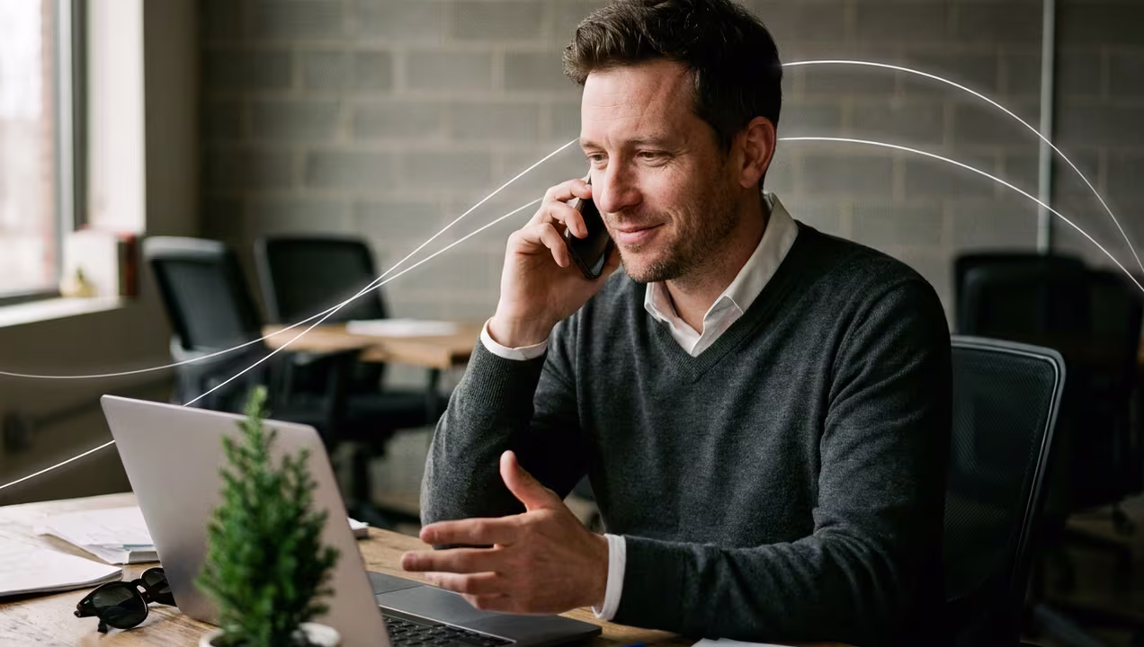 Smiling man talking on the phone and using his computer