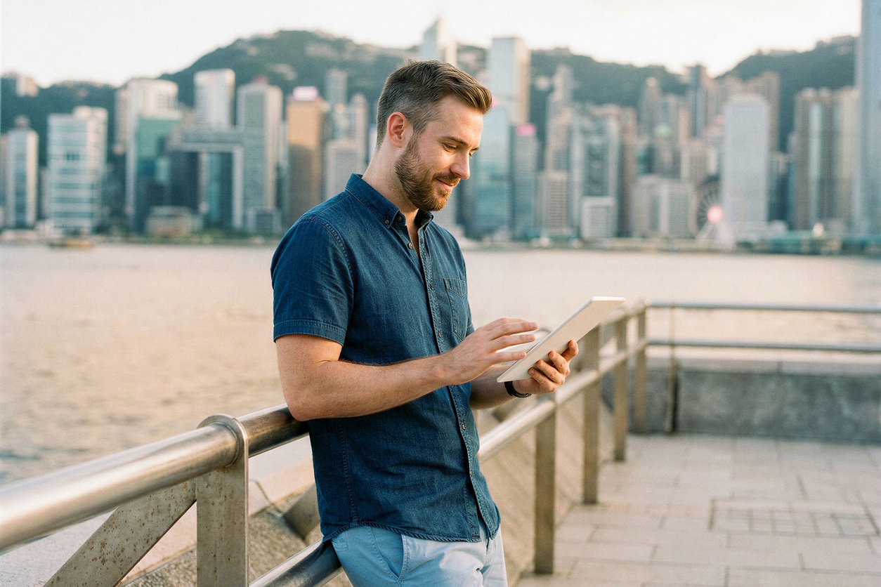 Expat using his tablet in Hong Kong