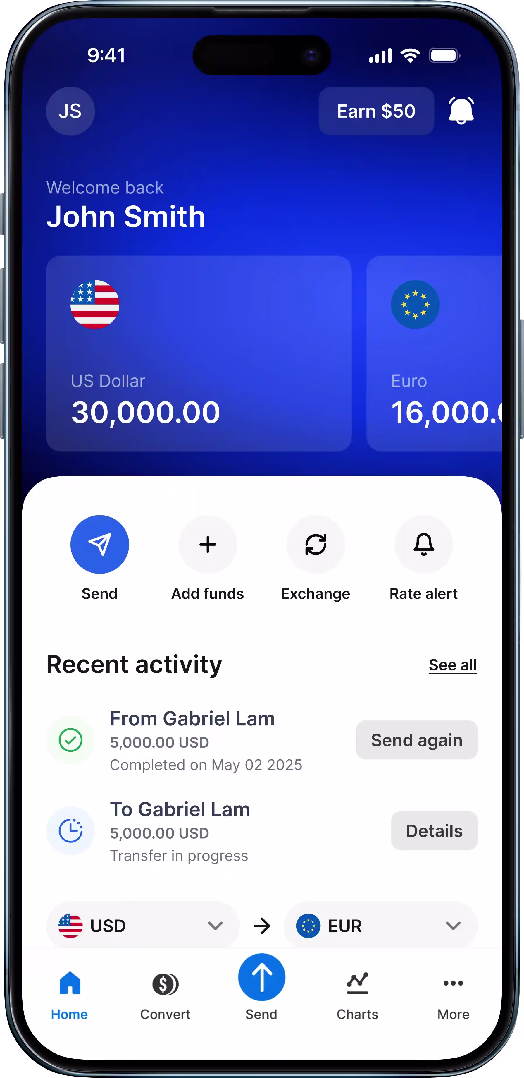 Multi-currency accounts home screen