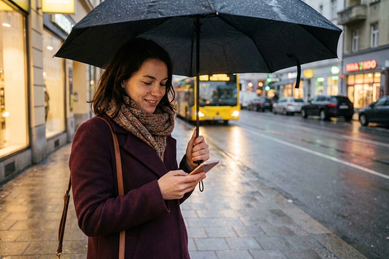 Young woman using her mobile phone in the rain