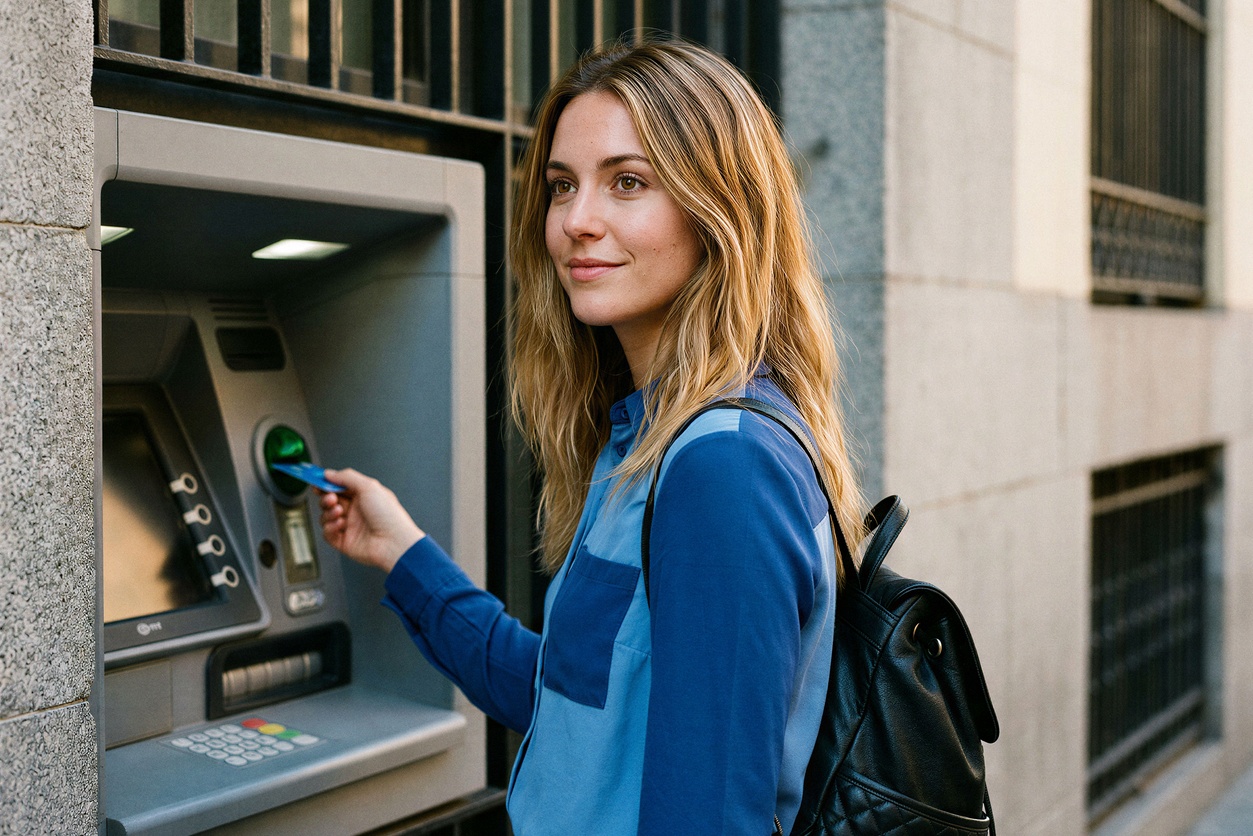 Using an ATM at the bank