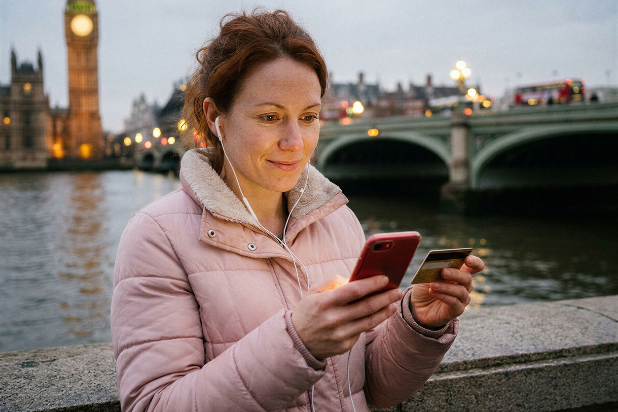 Expat using her credit card in London, England in the United Kingdom