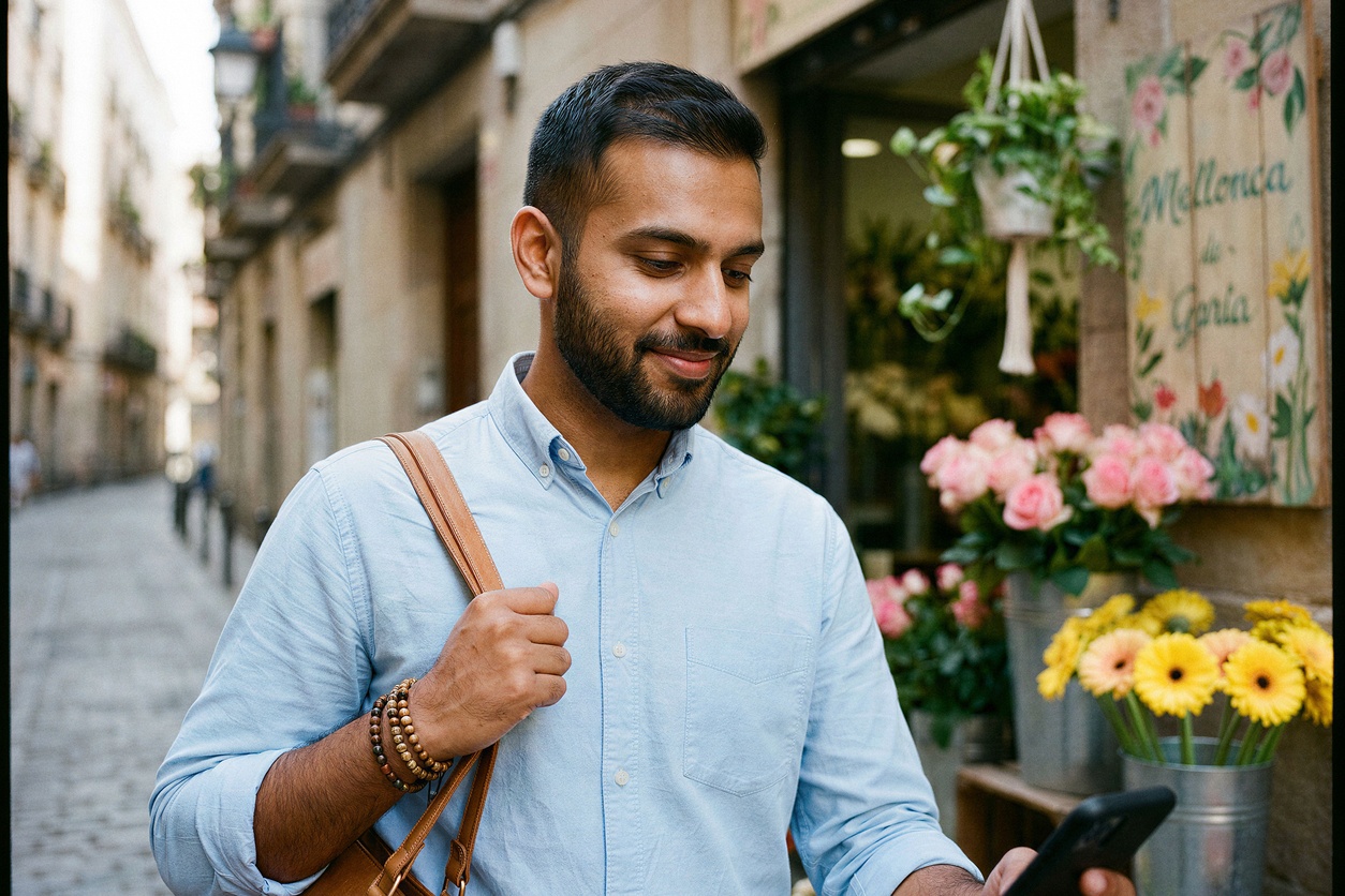 Man smiling at his phone