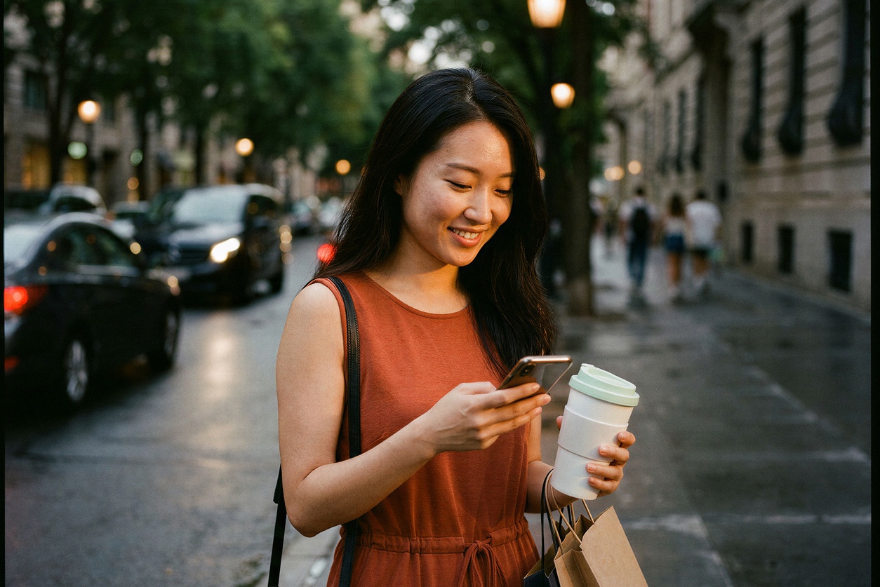 Young woman walking down the street and using her mobile phone