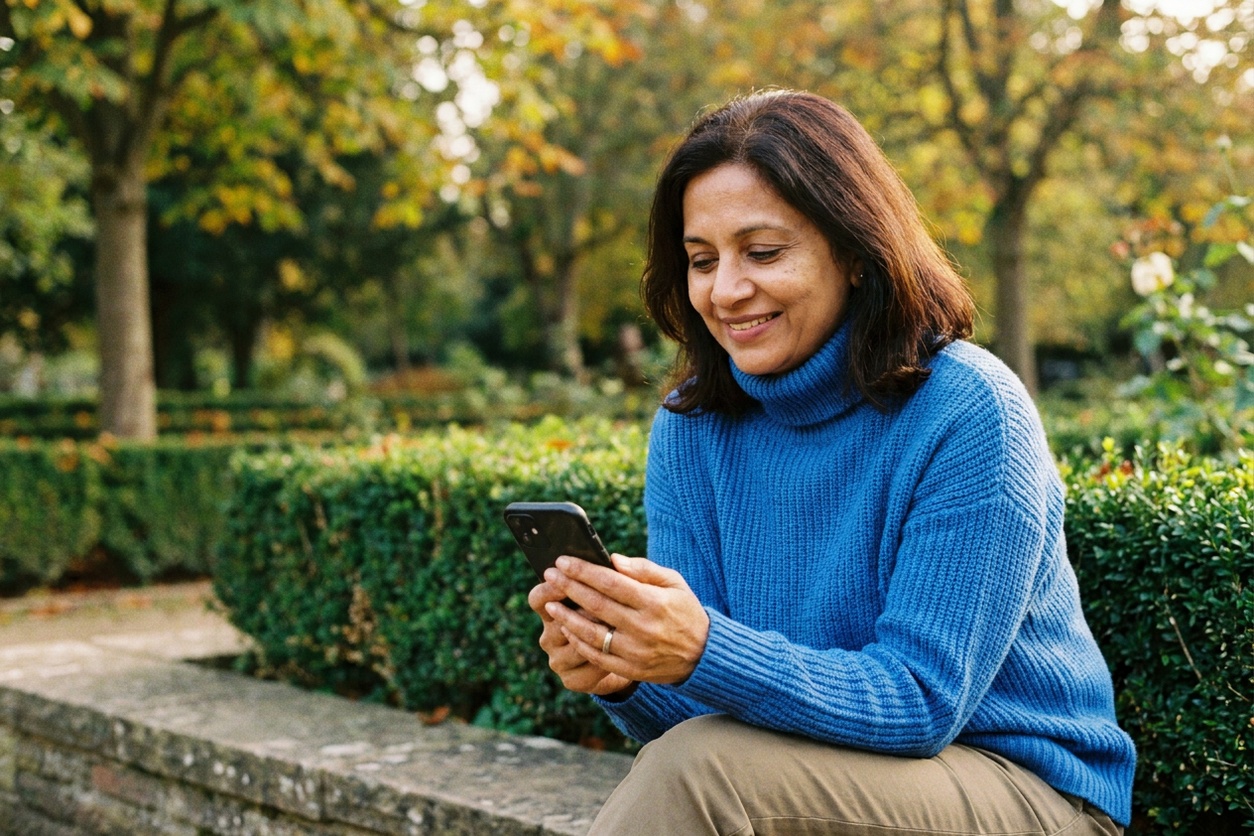 Smiling woman using her phone