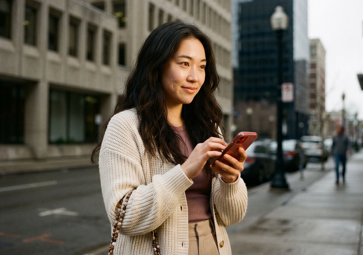 Young woman in England receiving a money transfer