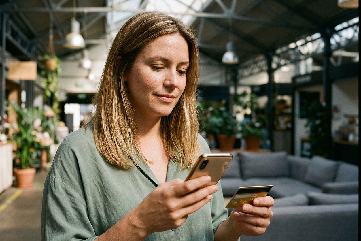 Woman using PayPal to send money overseas