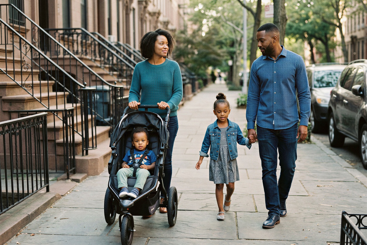 Mother and father with two young children in Brooklyn, New York City