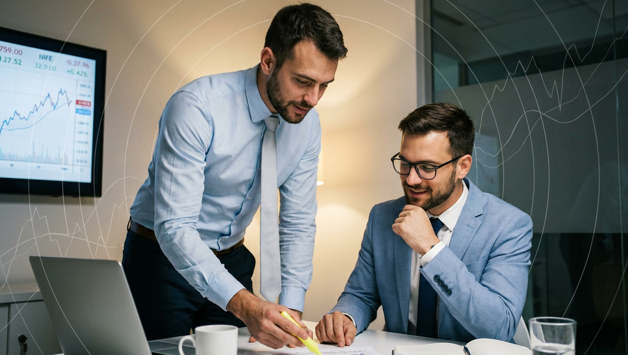 Two businessmen analyzing risk in an office.