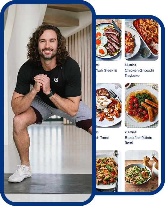 Phone screen shots of Joe Wicks and recipes page from the app.