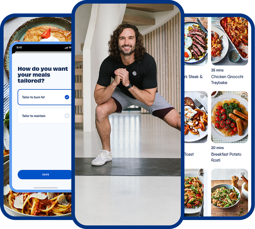Phone screen shots of Joe Wicks, recipe pages and macro calculations.