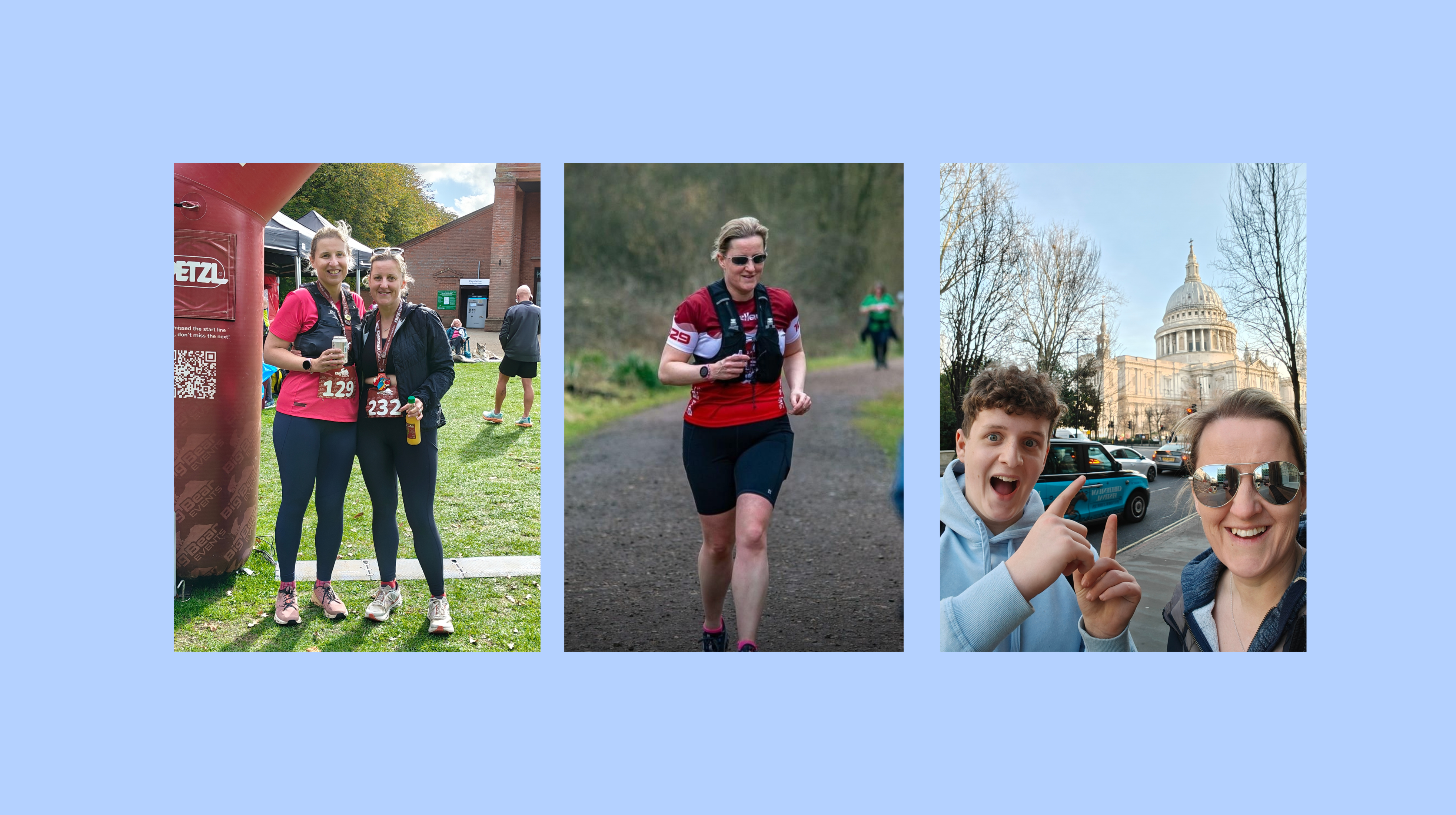 Three photos showing runners at finish line, woman running on path, and two people posing near St Paul's Cathedral.