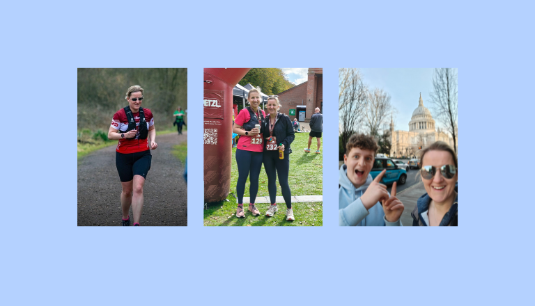 Three photos showing runners: one running on a path, two women with medals at finish line, and two people near St Paul's.