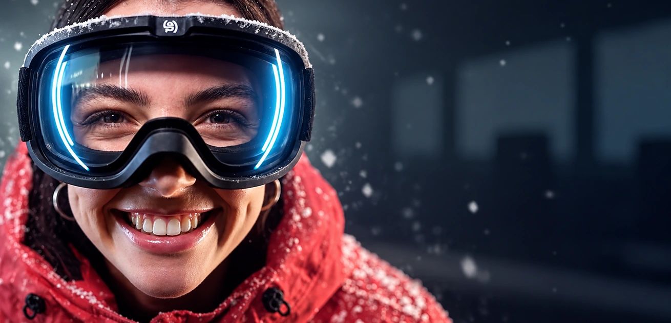 Strahlende Skifahrerin mit Skibrille und roter Winterjacke – voller Vorfreude auf den Skiurlaub.