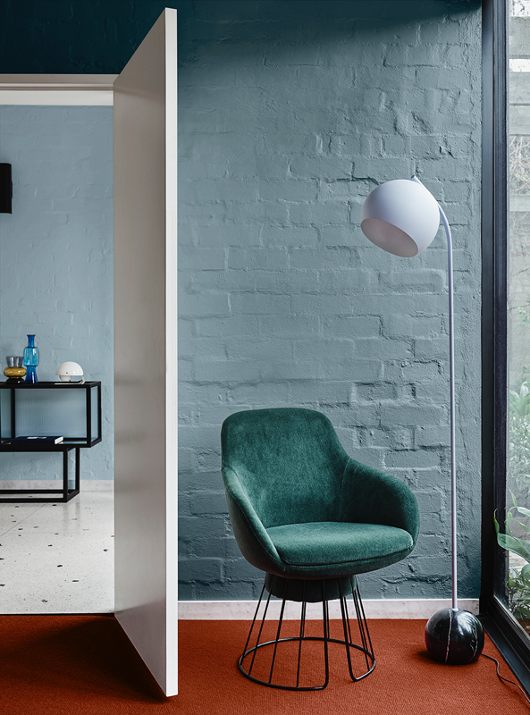 Wall featuring Dulux blue paint for the Comeback trend, part of the Dulux 2020 Forecast. 