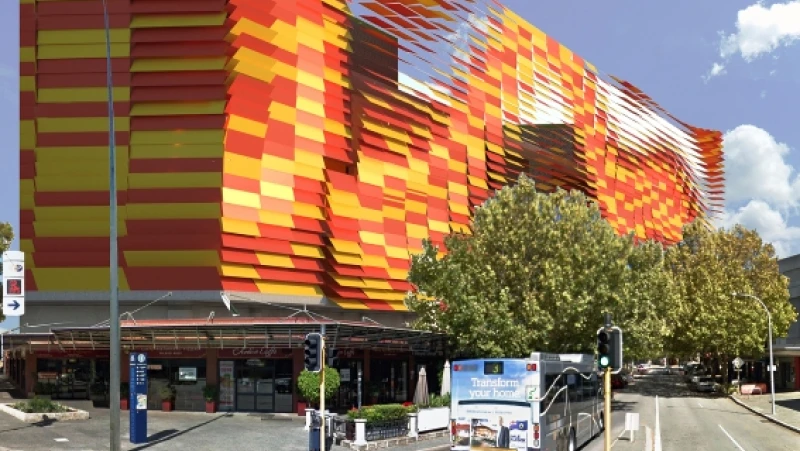Illustration of multi-storey building covered in orange and yellow louvres