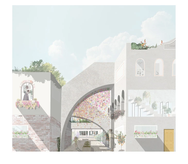 Illustration of laneway with arches connecting opposing concrete and brick buildings