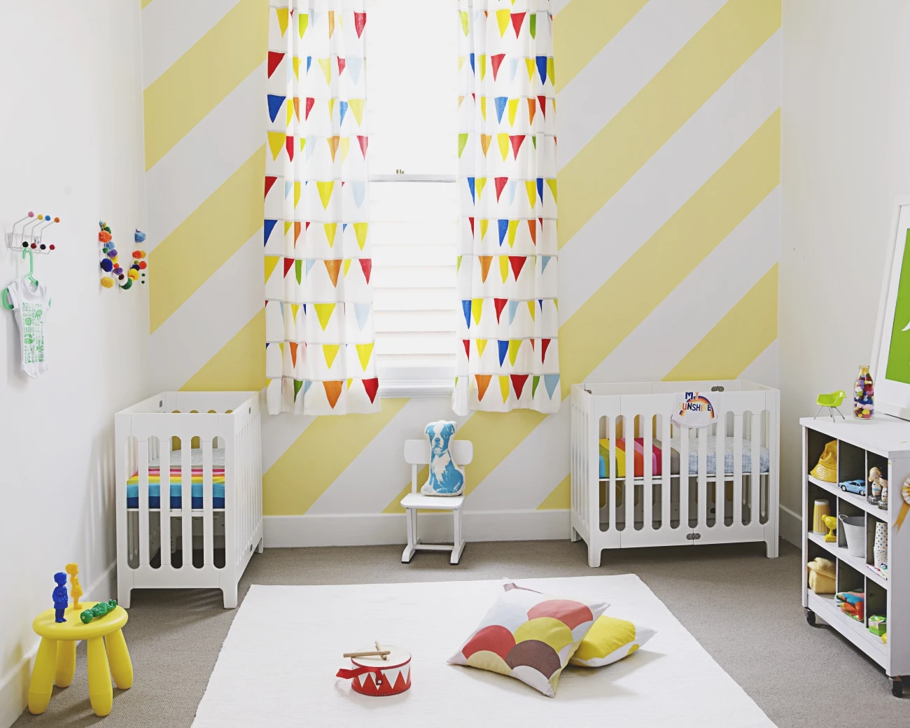 Add some excitement with fresh yellows and pale buttery hues which can be perfect for a child's bedroom or play area. ‘Mustard’ by Stacey Rees, Modern Times; ‘Sculpture 13 ‘ by Mark Alsweiler, Modern Times. 