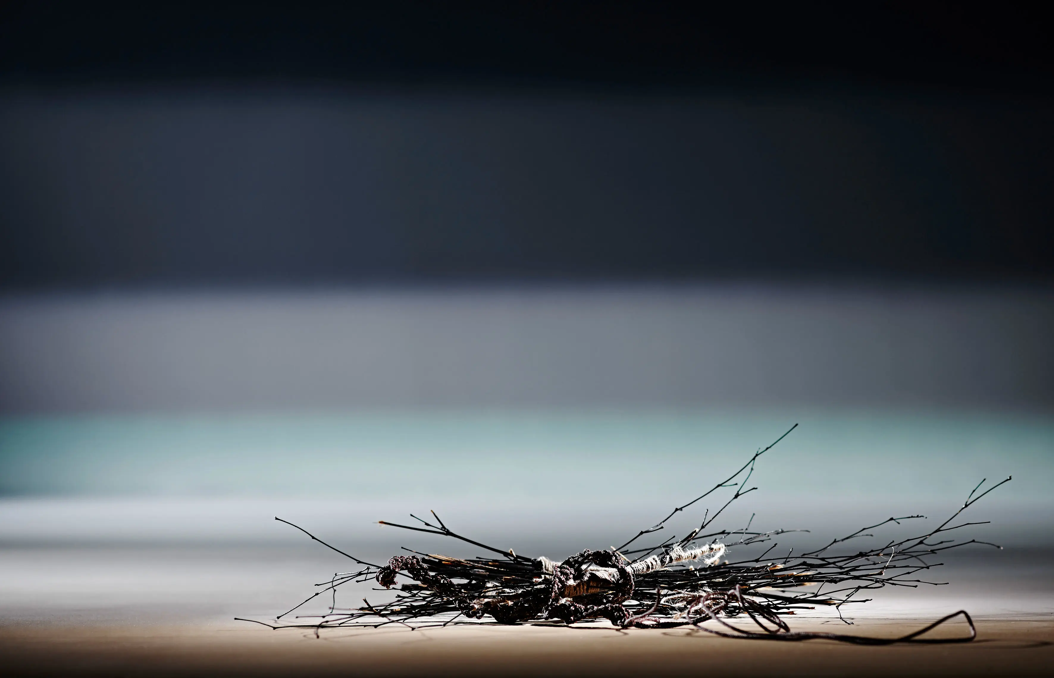 Pile of twigs with layered blue background