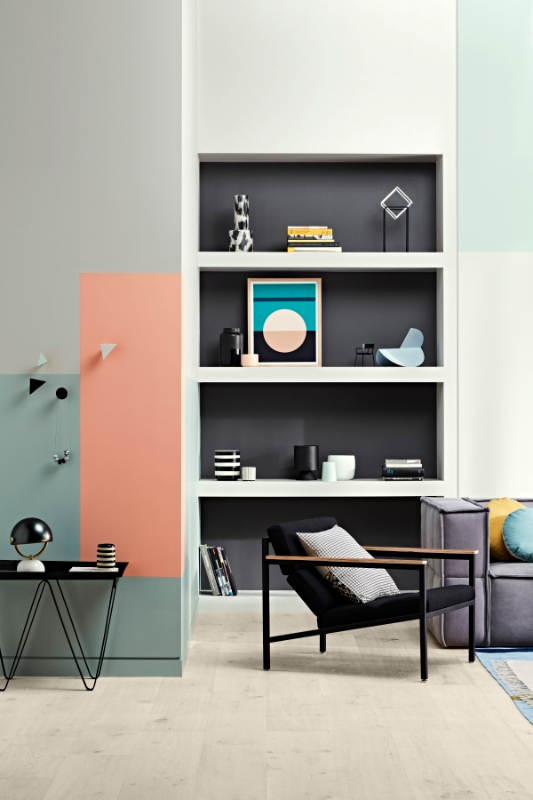 Living room with built-in bookcase featuring Dulux Winter Terrace, Grey Master, Baby Melon and Carnelian