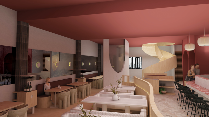 Illustration of modern restaurant with deep pink ceiling and timber spiral staircase