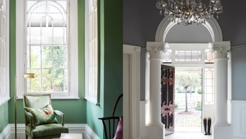 Split image: Green hall with white trim windows. Purple hallway with white trim.