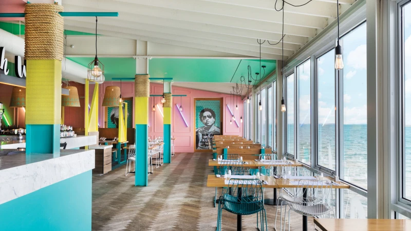 Restaurant in yellow, green, blue and pink pastels