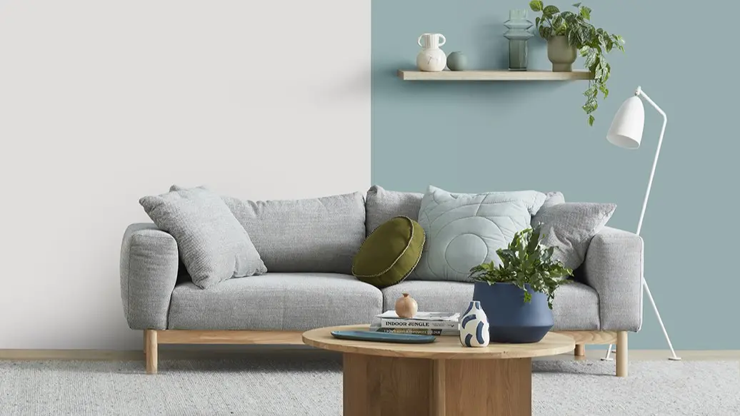 2023 Easter campaign living room before and after in Dulux Duck Egg Blue