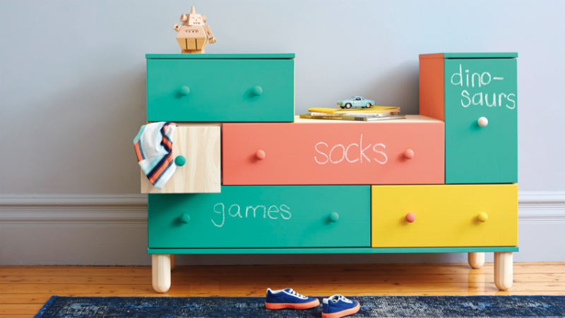 Green, yellow and orange chest of drawers