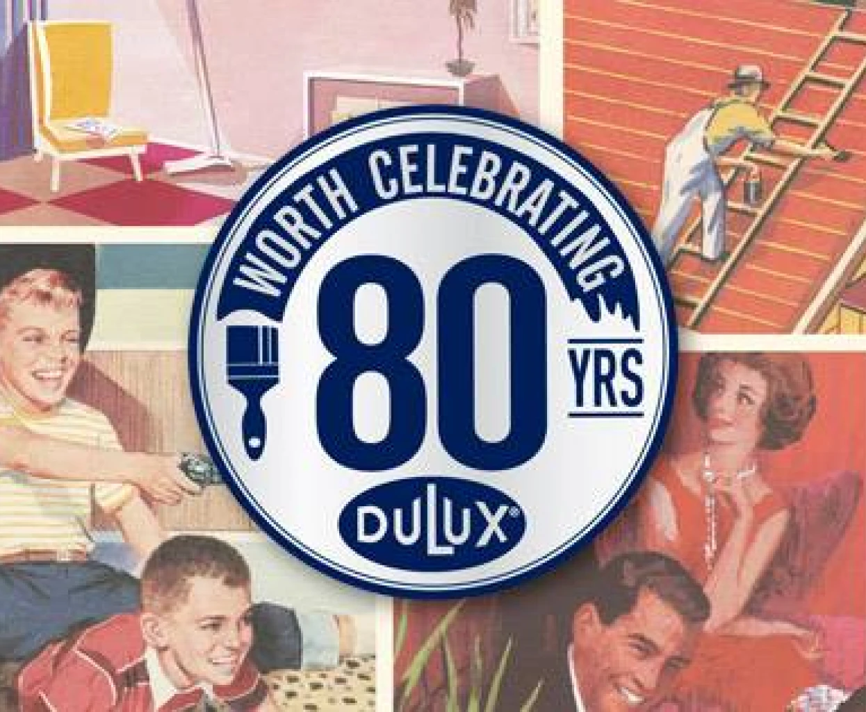 Dulux celebrating 80 year anniversary graphic over old Dulux marketing material