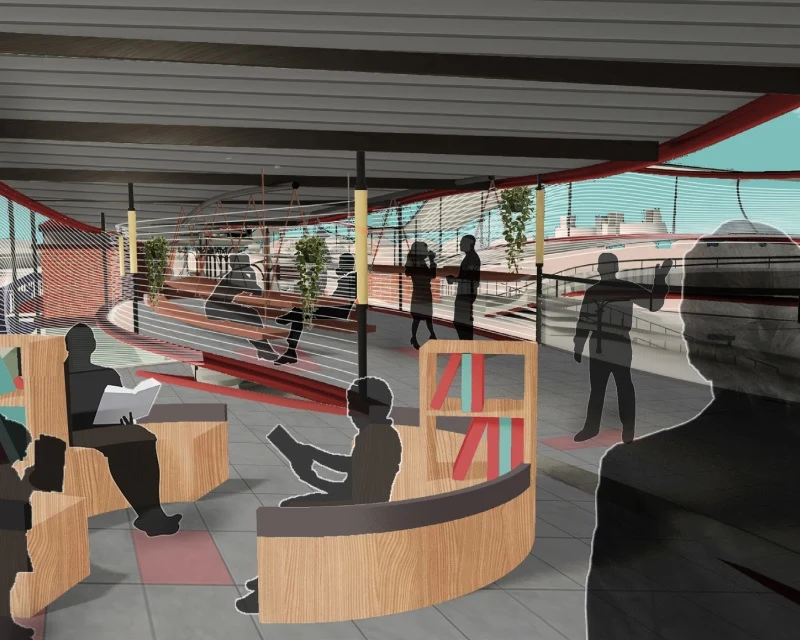 illustration people sitting at a modern railway station with curved seats