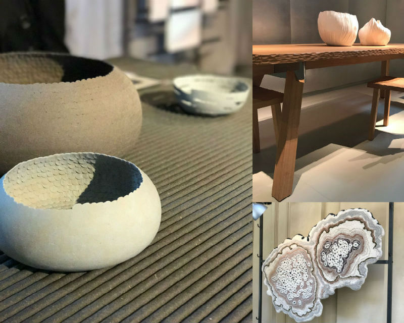 natural formes, timber bench set, ceramin bowls at Milan Design week.