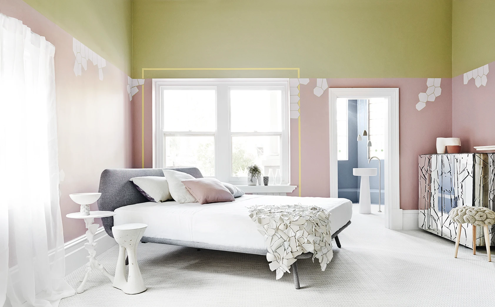 Two-tone green and pink bedroom