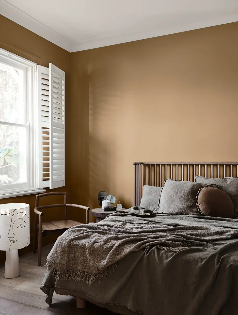Interior bedroom featuring Dulux Fantan painted walls for the Dulux Grounded 2020 forecast. 