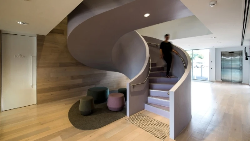 Wide purple spiral staircase