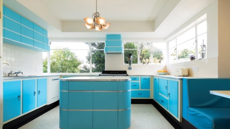 Blue and white art deco kitchen with island bench