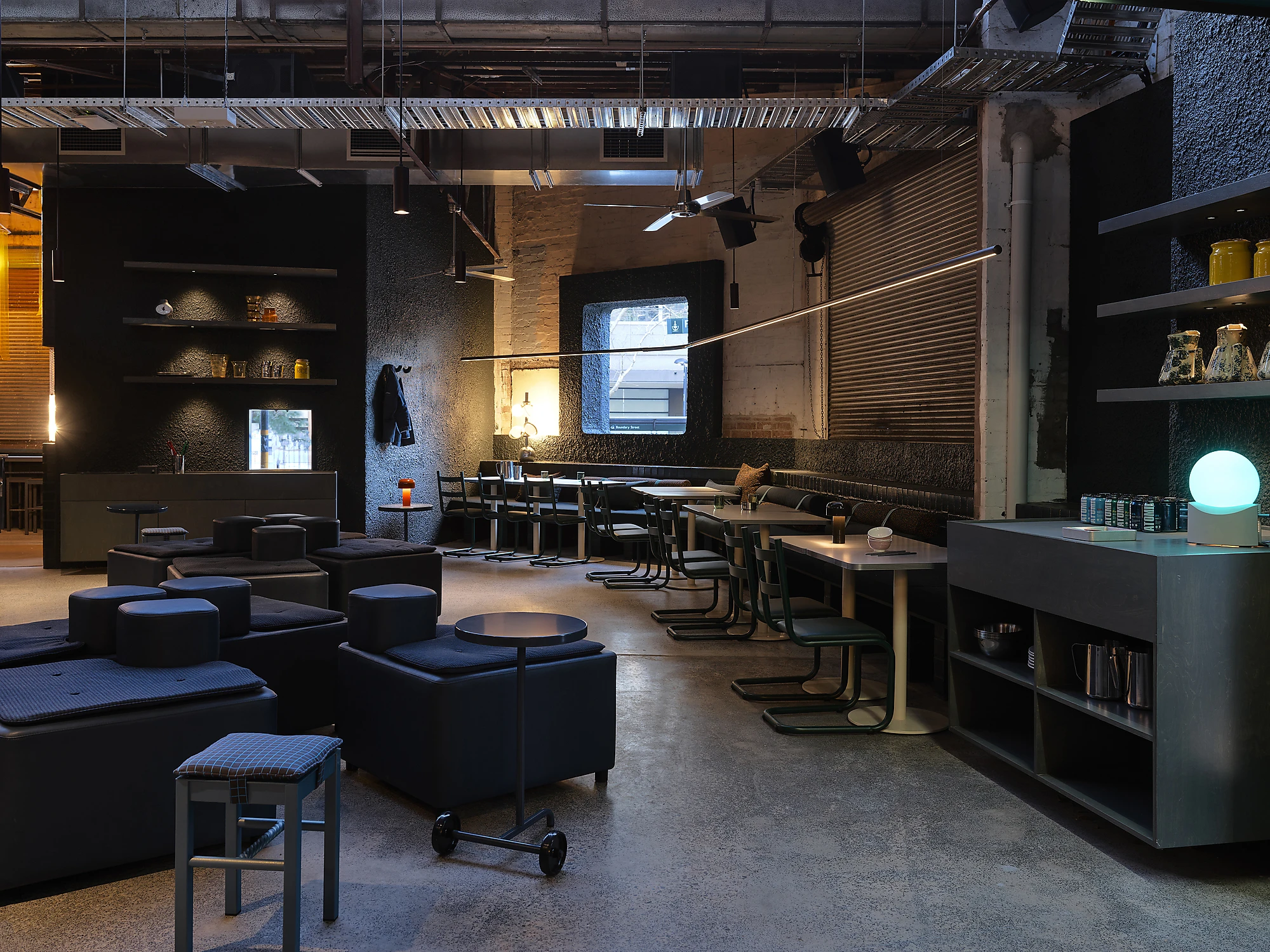 Bar seating area with tables