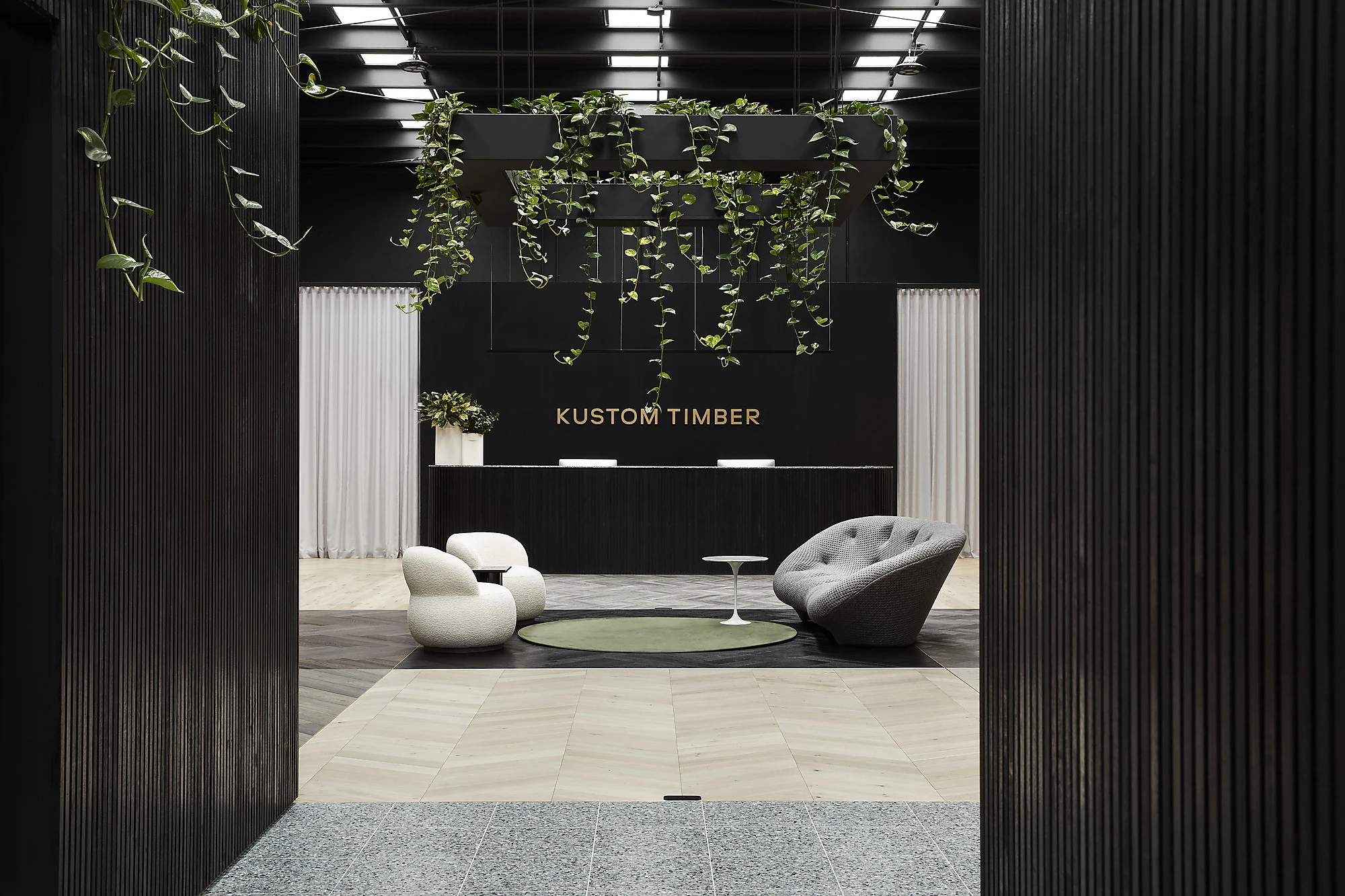 Black and grey reception area.