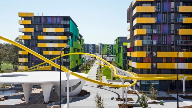 Multi-storey buildings with yellow and green balcony panels