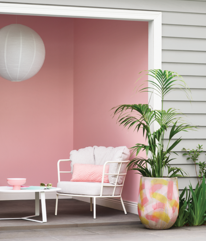 Outdoor chair and colourful pot plant in pink and neutral pool house