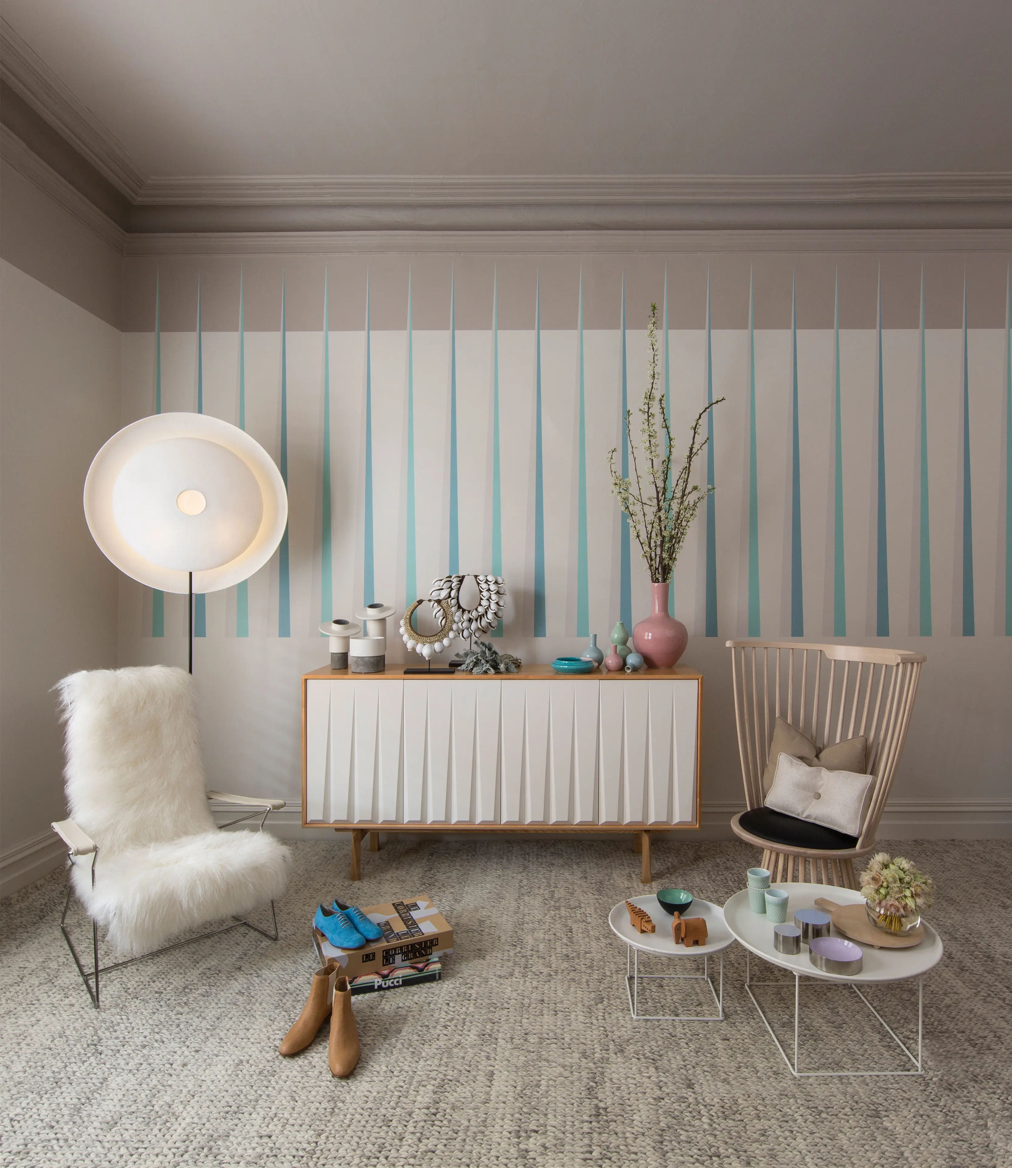 White living room with neutral ceiling and furniture. Colour Forecast 2013 - Rise palette 