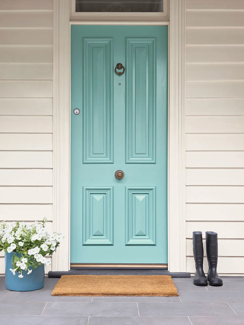 Green Front Door with Painted Striped Stairs - Blushing Bungalow