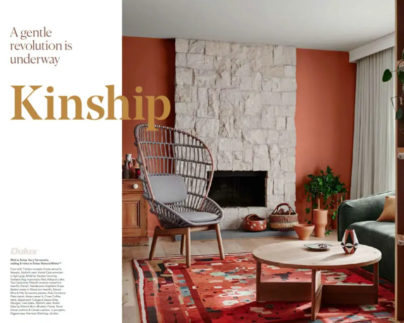 kinship magazine cover; red lounge room.
