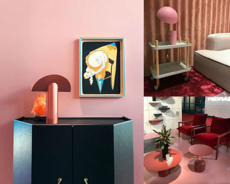 three images from Milan Design Week of living areas with pink decor and paint