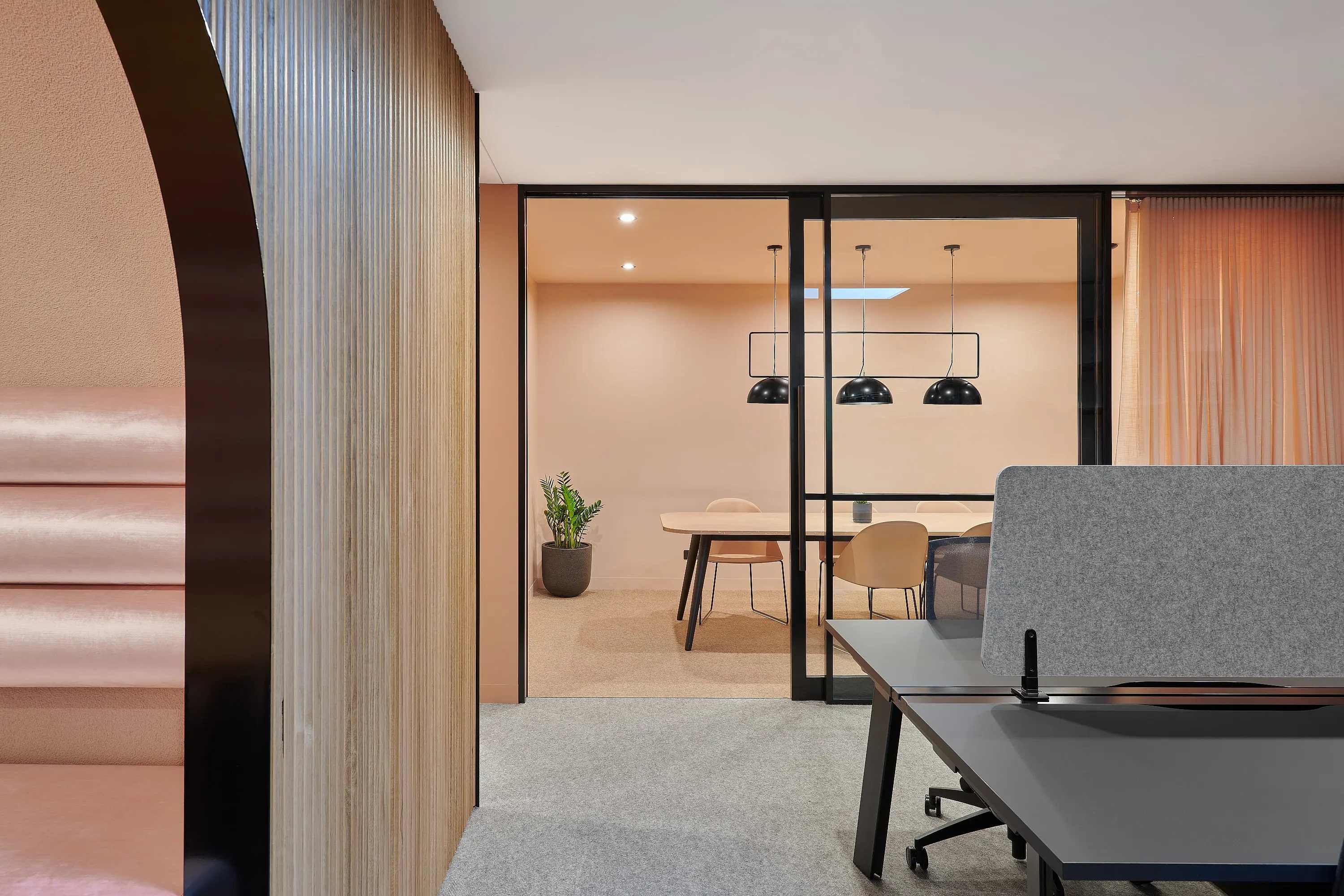 Timber, white and apricot office and meeting room