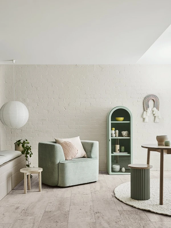 Interior lounge cream walls with green finishes