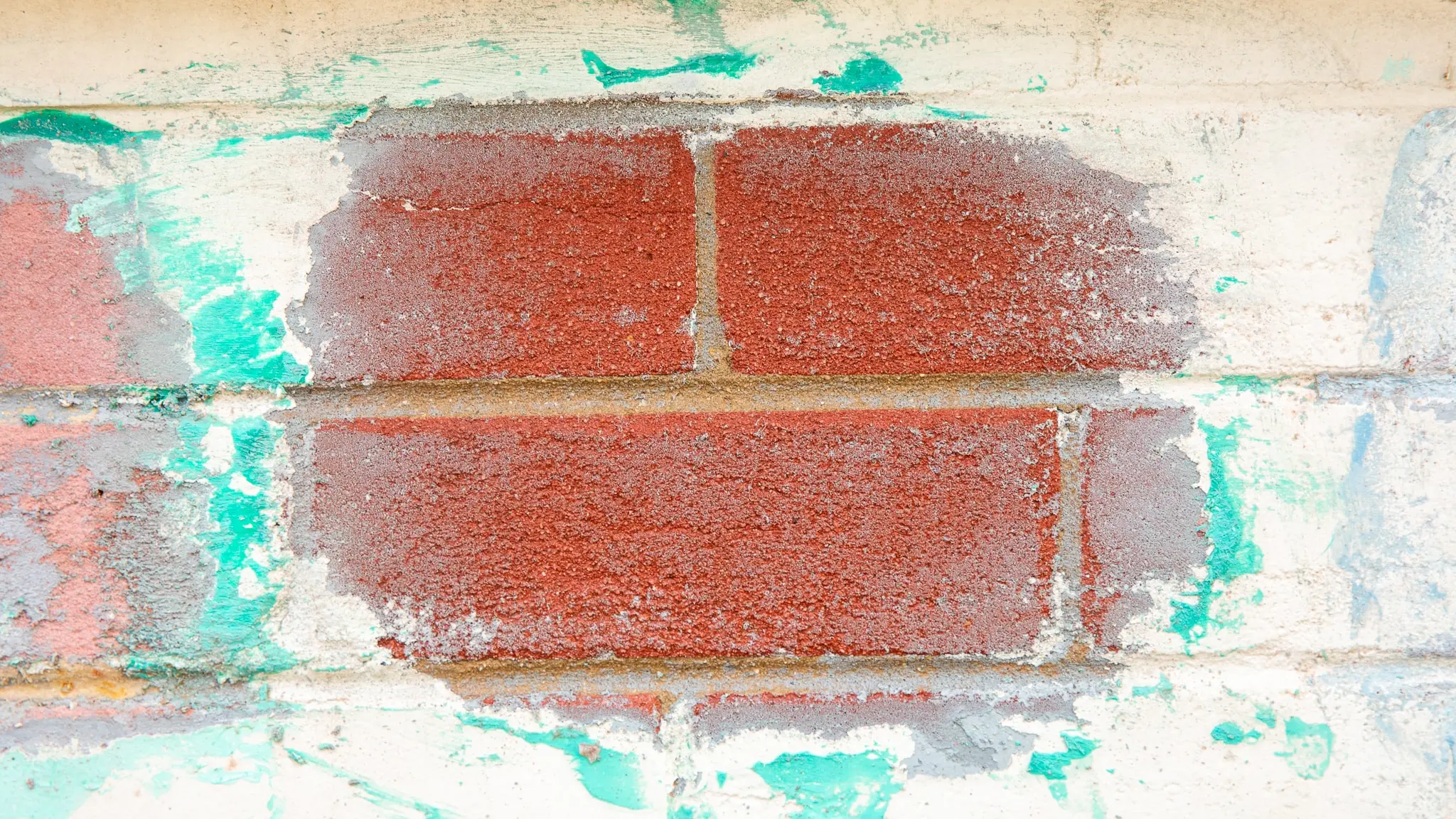 Brick wall with patch scrubbed free of paint.